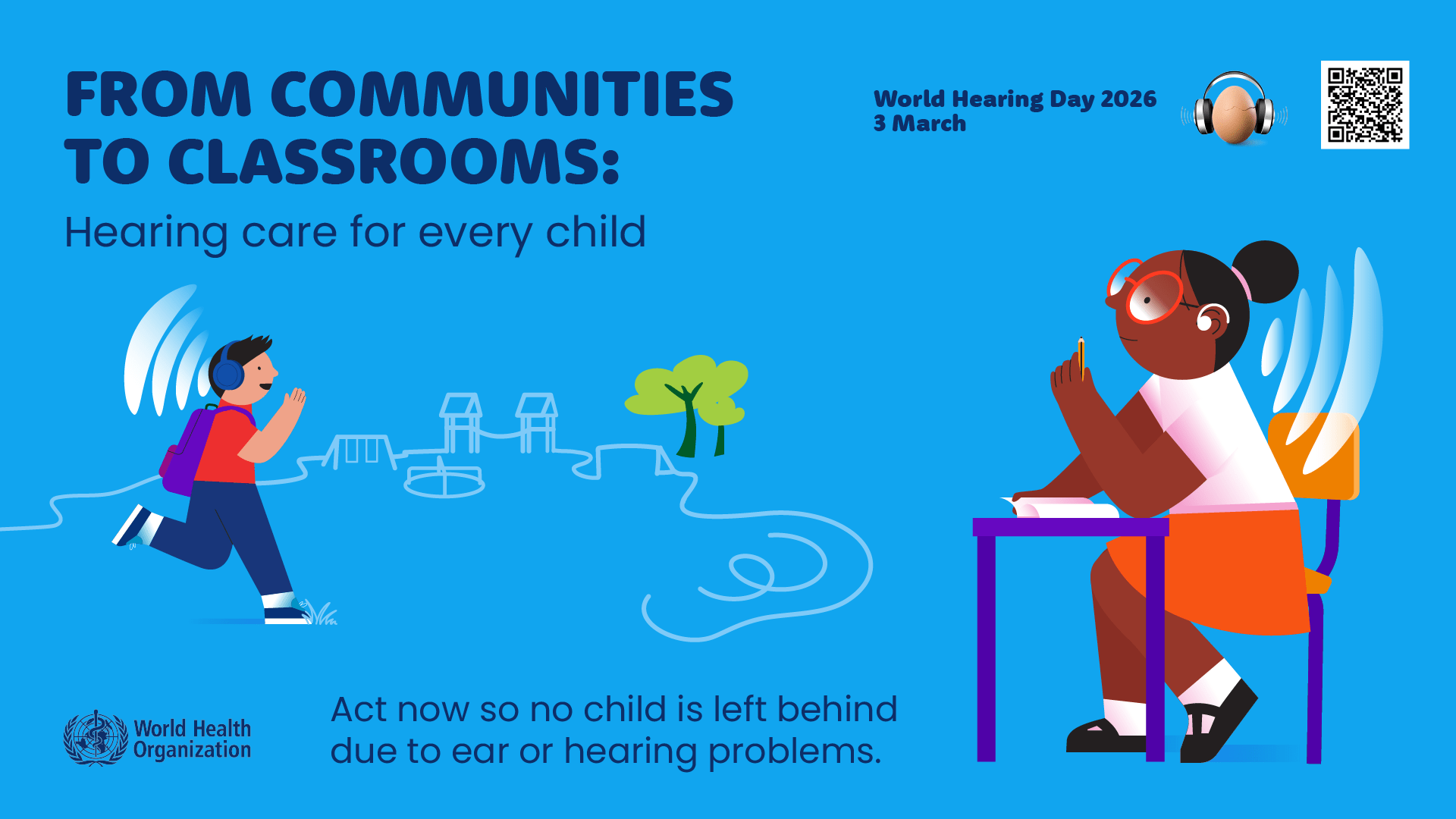 World Hearing Day Banner showing children with hearing accessibilities and a cochlear implant