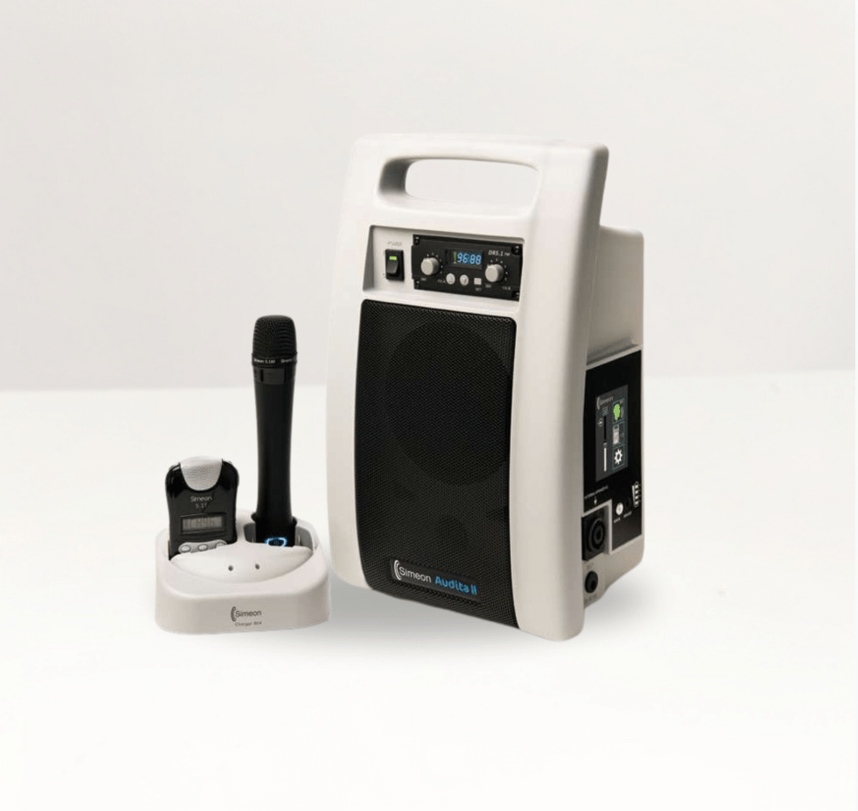 simeon audita fm portable classroom soundfield voice amplification system. Includes two wireless microphones. excellent solution for classroom audio amplification and teachers struggling with voice or vocal fatigue. Assisted Listening device. Assistive Listening device